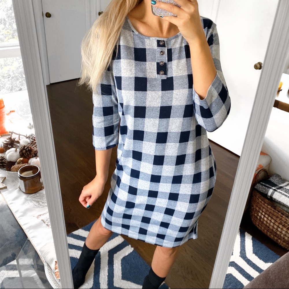🐑 DARK BLUE GREY PAID LOOSE MIDI KNIT DRESS!